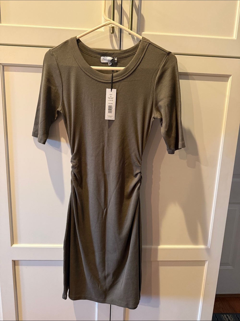Michael Stars Olive Green Ribbed Short-Sleeve Midi Dress Medium